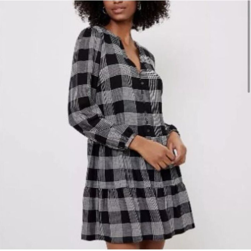 LOFT Black and White Plaid Puff Sleeve Swing Dress - Size 2